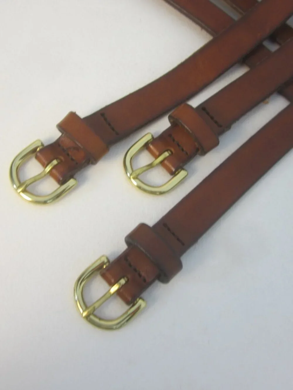 J Crew Women S Brown Leather Stretch Belt Triple Buckle Wide Gold Buckle USA - Picture 5 of 10
